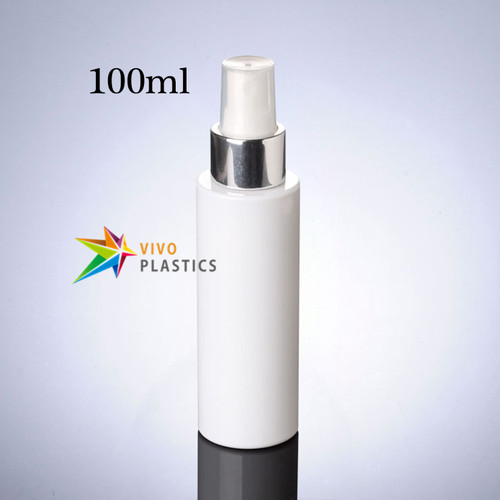 100ml White PET Plastic Bottle with Shiny Silver Mist Spray  100ml White PET Plastic Bottle with Shiny Silver Mist Spray