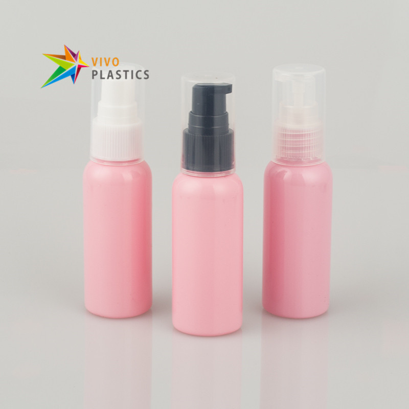 50ml Pink PET Round Shoulder Bottle with Treatment Pump  50ml Pink PET Round Shoulder Bottle with Treatment Pump
