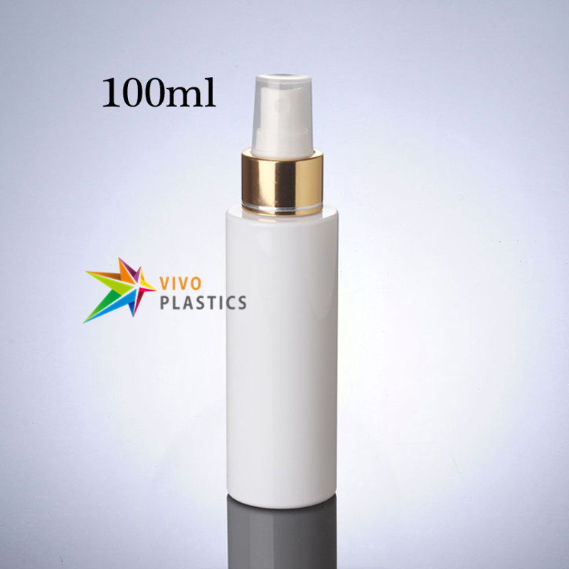 100ml White PET Plastic Bottle with Shiny Gold Mist Spray  100ml White PET Plastic Bottle with Shiny Gold Mist Spray