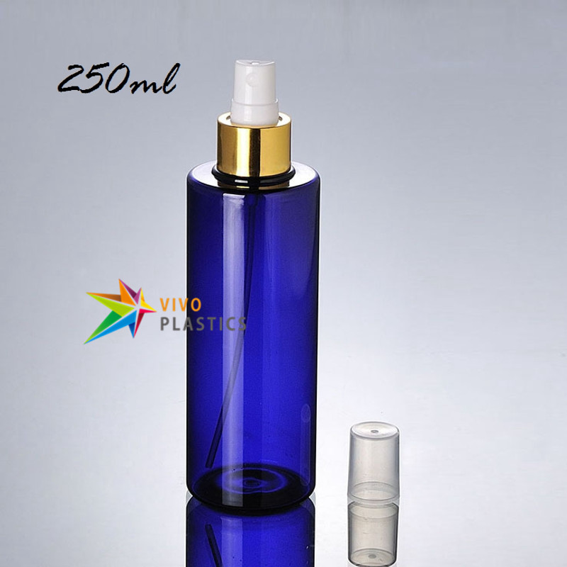 250ml Blue PET Plastic Square Shoulder Bottle with Shiny Gold/Silver Mist Spray 250ml Blue PET Plastic Square Shoulder Bottle with Shiny Gold/Silver Mist Spray