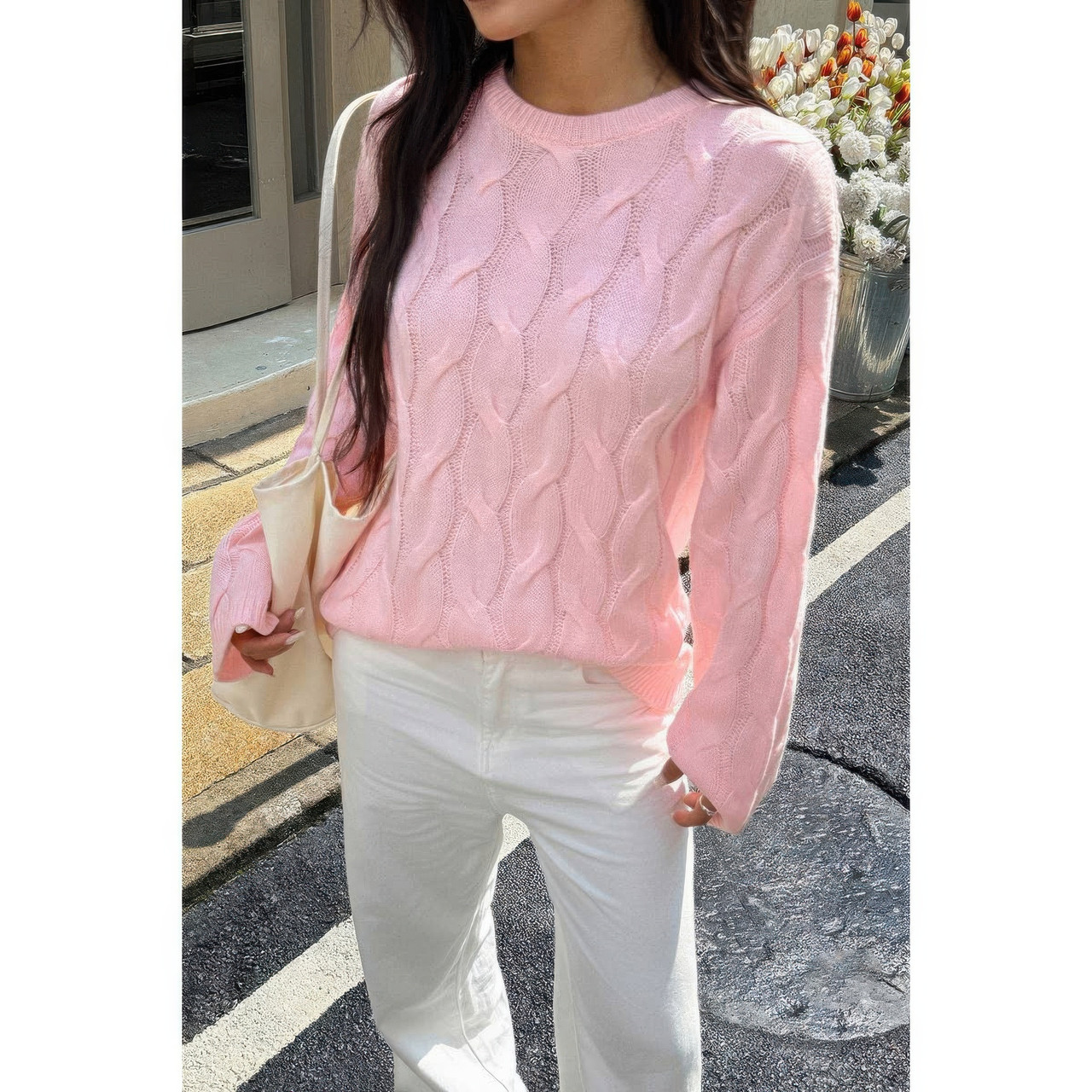 Pastel Pink Cable Knit Crewneck Sweater
