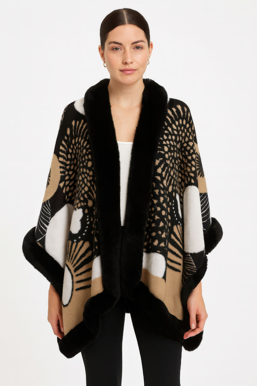 The Celestia Faux-Fur Trimmed Graphic Knit Cape