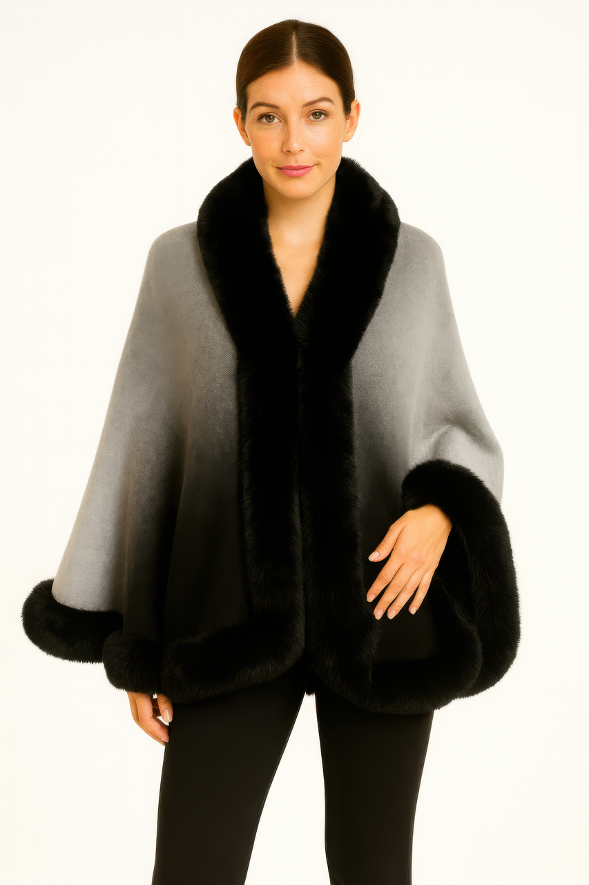 Faux Fur Trim Ombré Shawl Cape