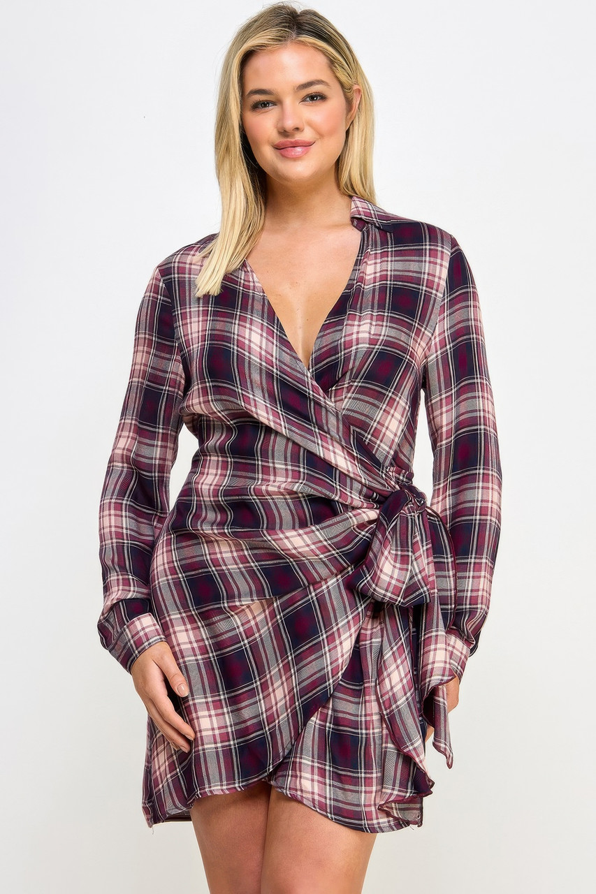 Long Sleeve Merlot Plaid Wrap Dress