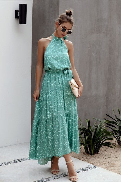 Polka Dot Halter Tiered Maxi