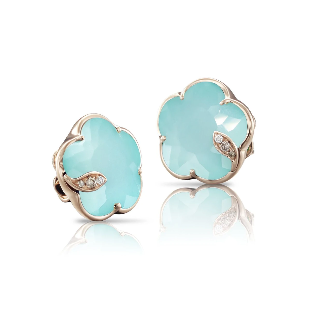 Petit Joli Stud Earrings in 18k Rose Gold with Sea Moon Gem, White and Champagne Diamonds