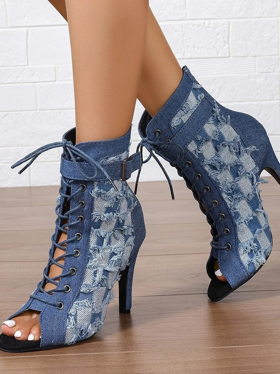Designer Denim Lace-Up Peep Toe Ankle Boots