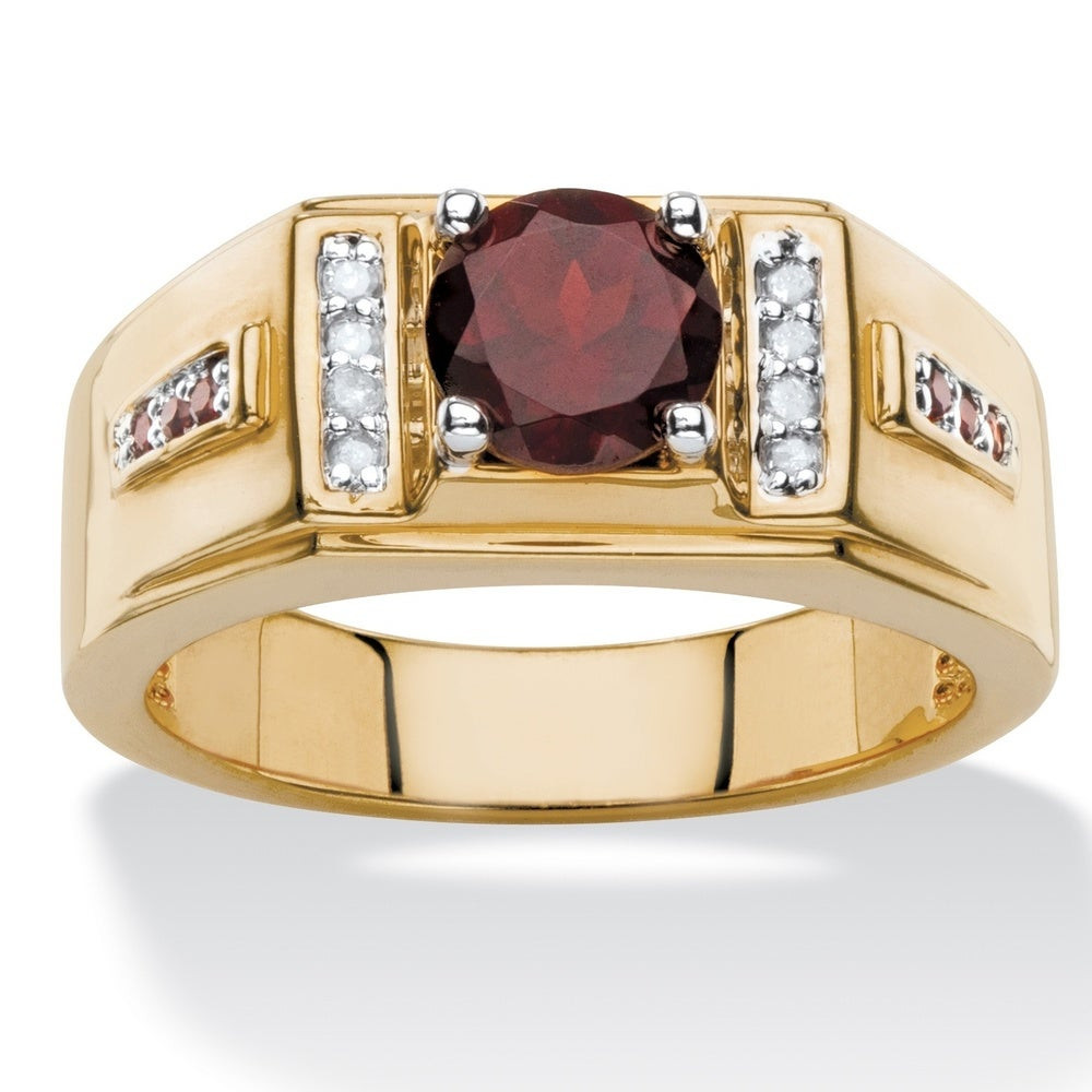 Men's 14K Yellow Gold 1 3/4ct TCW Round Genuine Red Garnet and Diamond Accent  Classic Ring