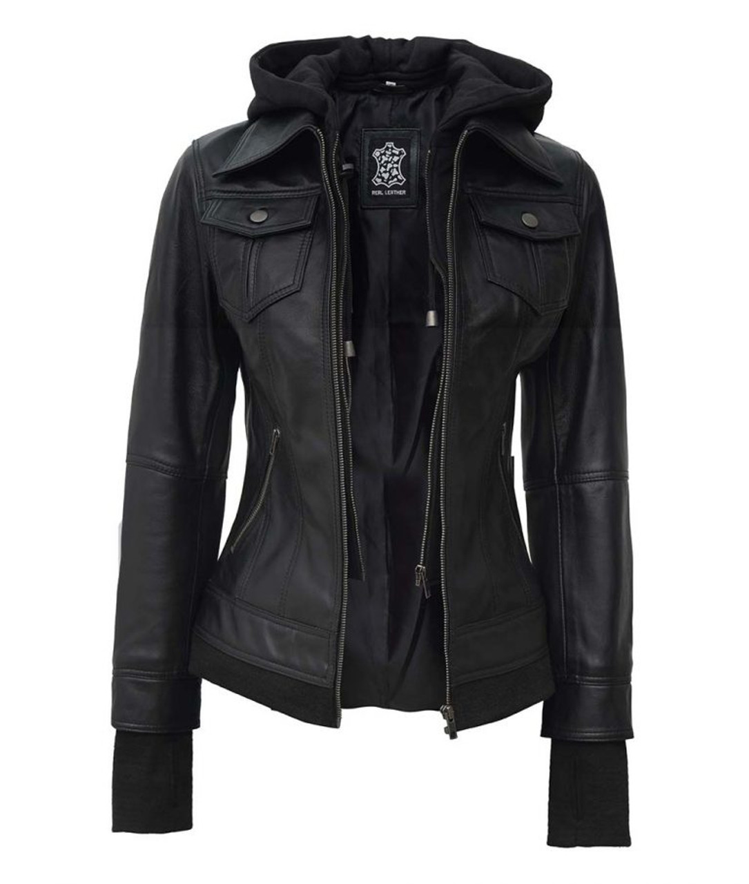 Black Leather Bomber Jacket with Hoodie
