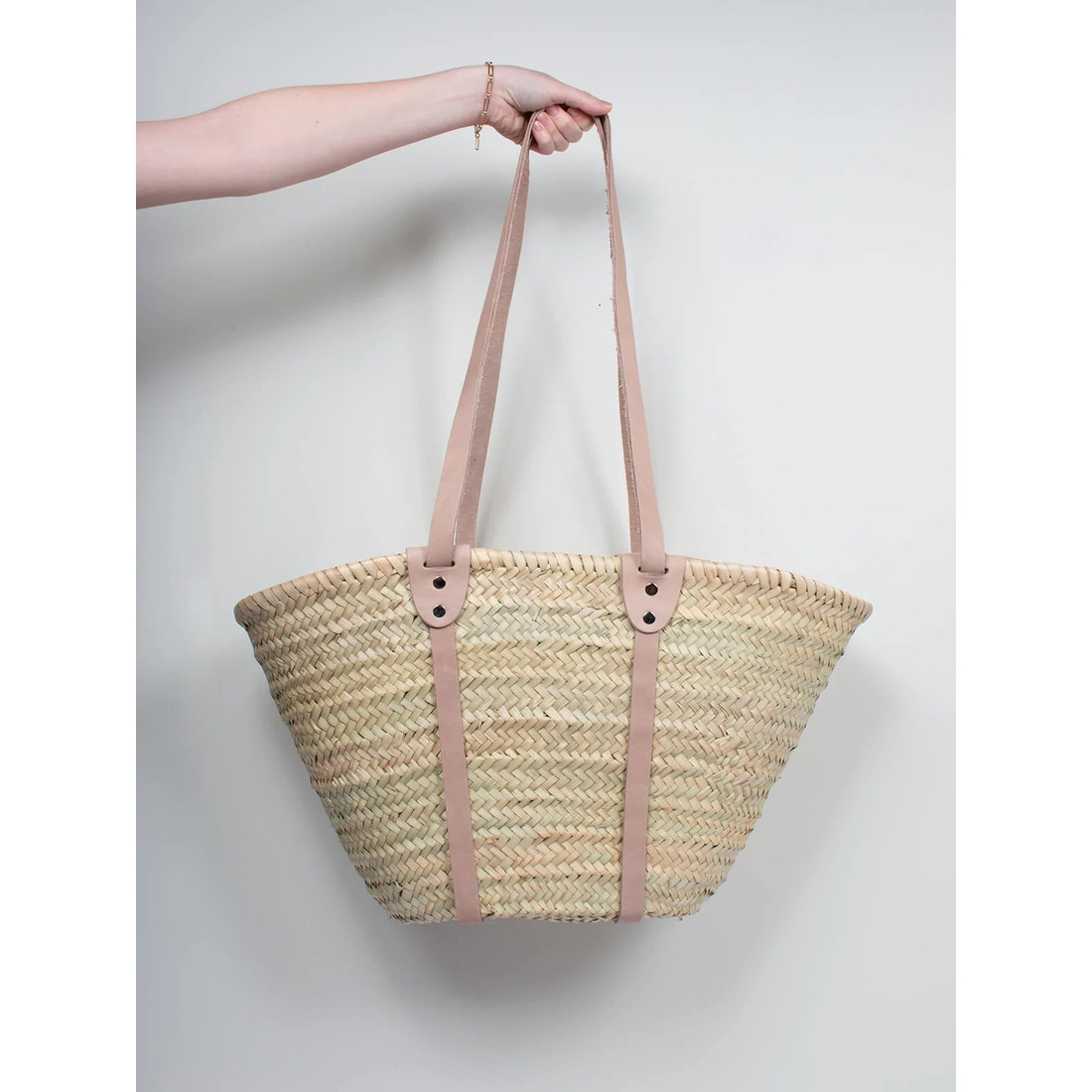 Handmade Basket Straw Bag with Real leather handle