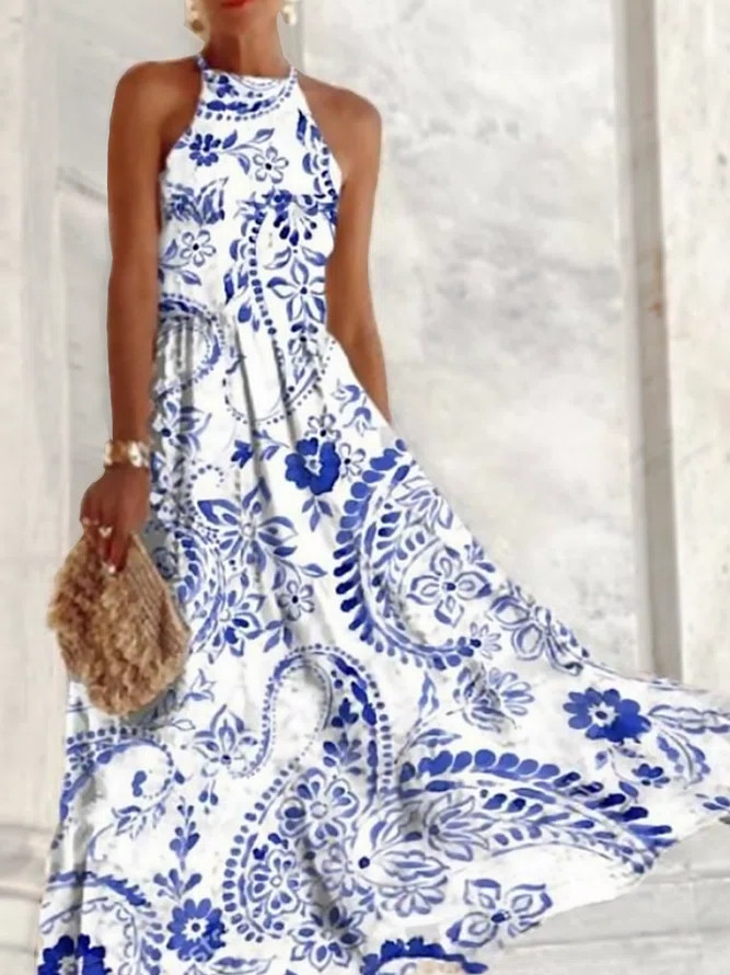 Classy Floral Boho Halter Long Dress