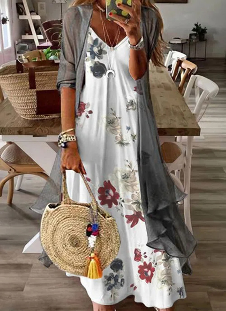 V Neck Floral Two Piece Maxi Dress