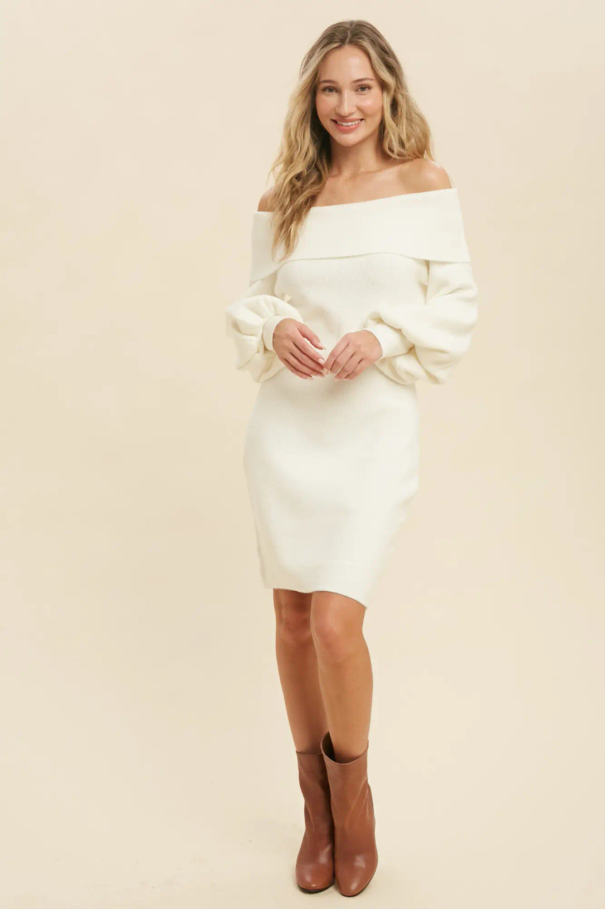 Off Shoulder Long Puffy Sleeve Sweater Dress
