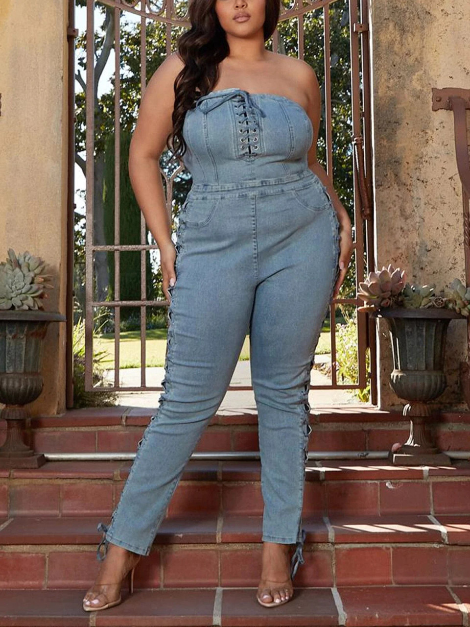 Sleeveless Lace Up Jumpsuit, plus size