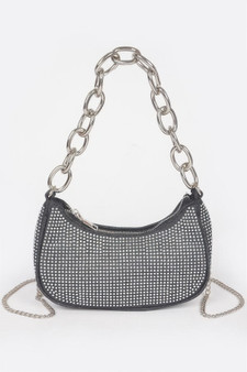 Black rhinestone-encrusted small shoulder bag with chunky silver chain link handle.