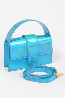 A structured iridescent blue mini bag with a wide top handle and a matching detachable crossbody strap on a white background.