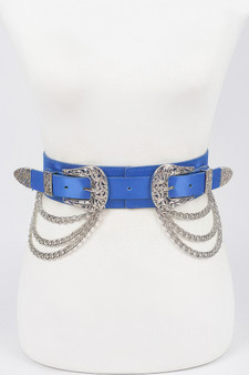 Bright blue faux-leather waist belt with double ornate silver buckles and tiered hip chains.