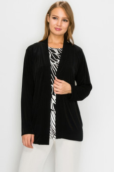 Lightweight open-front jersey cardigan for women.