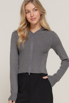 Close-up of a charcoal grey ribbed knit zip-up hoodie for women.