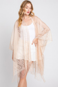 Sheer champagne floral lace kimono with fringe trim.