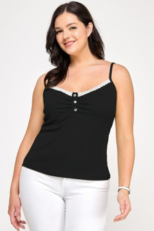 Plus Size Ribbed Knit Camisole With Lace Trim-54033