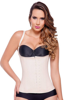 "Beige underbust waist trainer with adjustable straps and multi-row front hook closures."