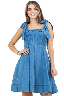Blue denim mini dress featuring a ruffled bodice detail and a flared A-line skirt.