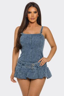 Ruffled denim mini romper.