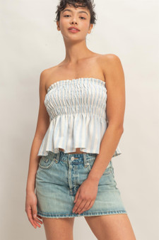 Light blue striped smocked peplum tube top.