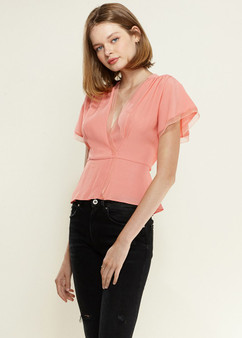 coral lace trim wrap blouse
