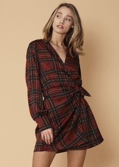 plaid polkadot mini wrap dress