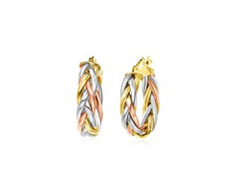 These unique earrings highlight contrasting strands of rose, yellow, and white 14k gold, elegantly braided into sweet hoops. Earrings are 15mm long and are held in place by hinged clasps.