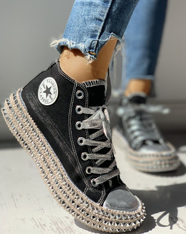 Leopard Rivet Embellished Lace-Up Sneakers