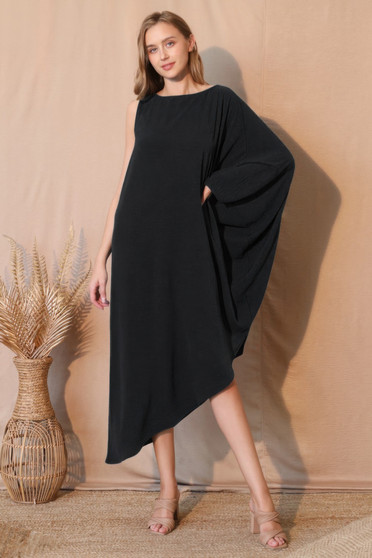 Model wearing a black one-sleeve asymmetrical caftan dress with a batwing sleeve and handkerchief hem from Wendys Limited.