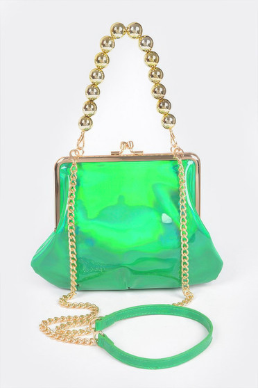 A vibrant neon green holographic handbag with a gold-tone kiss-lock frame and a unique handle made of large gold spheres.