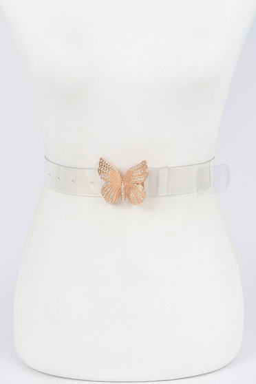 "Clear transparent belt with a large rose gold rhinestone butterfly buckle for women's fashion."