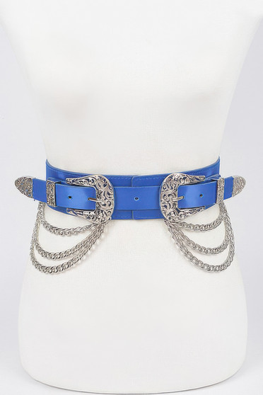 Bright blue faux-leather waist belt with double ornate silver buckles and tiered hip chains.
