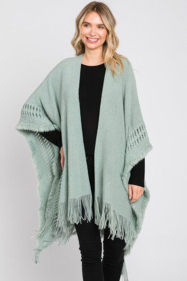 Wendy's Limited sage green fringe poncho shawl featuring pointelle knit accents.