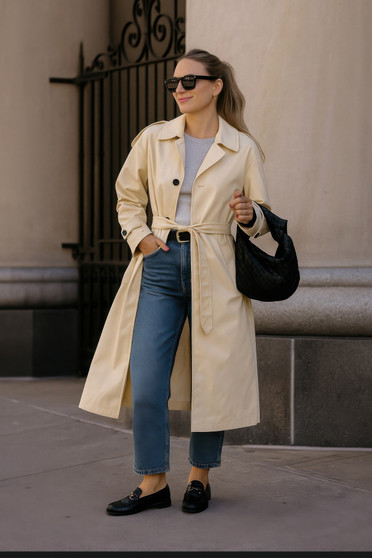 "Woman wearing a classic cream belted trench coat with straight-leg blue jeans and black leather loafers, carrying a black woven handbag in a street style setting."