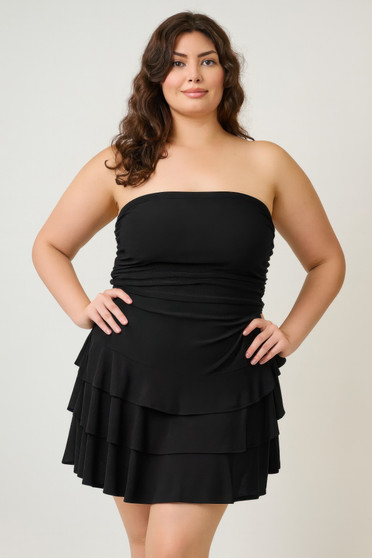 "Black strapless tiered ruffle mini dress for women, plus size fashion boutique."