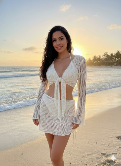 White 4-piece crochet beach cover-up set for women.