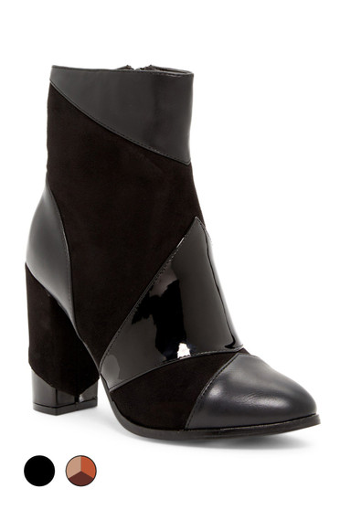 High-heeled ankle boot with mixed-texture patchwork panels and a sturdy block heel.