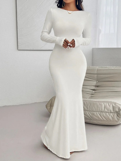 "Elegant form-fitting evening gown featuring long sleeves, a high neckline, and a sophisticated trailing silhouette."