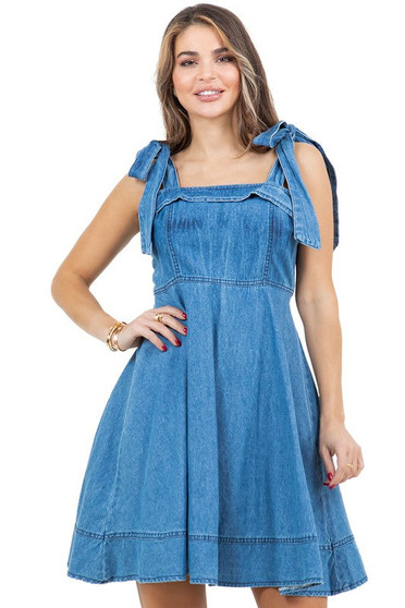 Blue denim mini dress featuring a ruffled bodice detail and a flared A-line skirt.