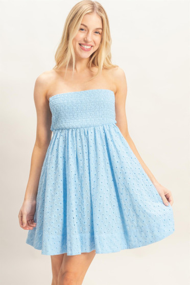 Blue eyelet mini dress.