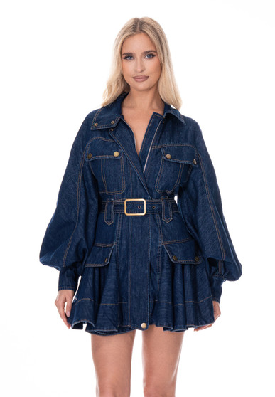Hourglass denim dress with statement sleeves.