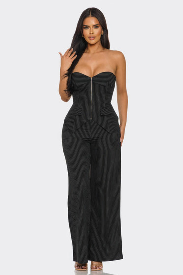 Two-piece black pinstripe power set