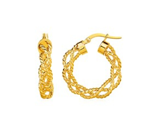 Twisted ropes of gold combine in these boldly braided round hoop earrings. Earrings are held in place with hinged clasps