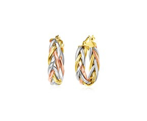 These unique earrings highlight contrasting strands of rose, yellow, and white 14k gold, elegantly braided into sweet hoops. Earrings are 15mm long and are held in place by hinged clasps.