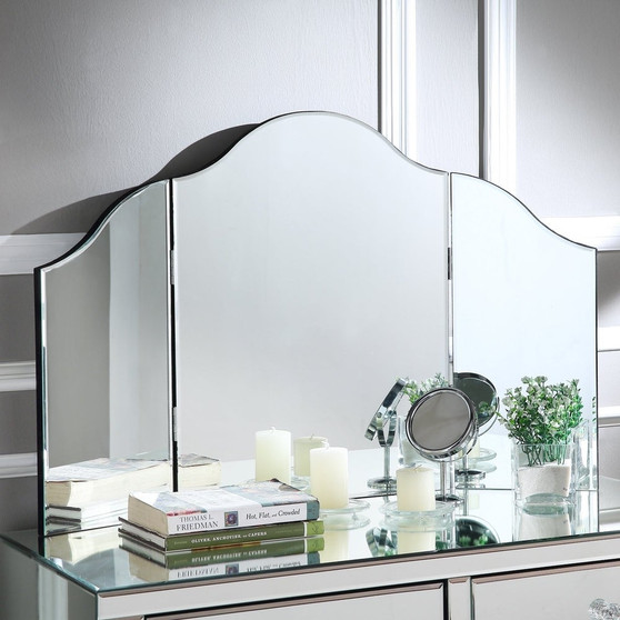 Give your dressing table a makeover with this frameless, modern tri-fold tabletop vanity mirror.